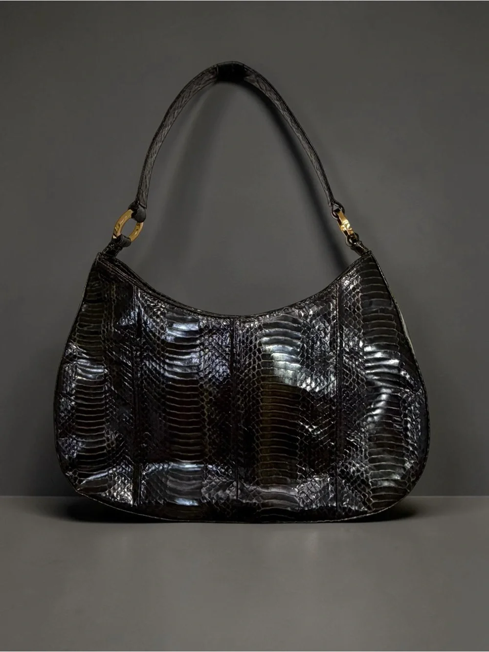 Vintage J Renee 1980s Malachite Undertone top handle Snakeskin hobo shape bag